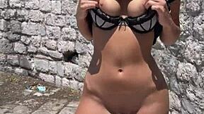 Hey, check out this risky public sex with an 18yo brunette flashing her tits