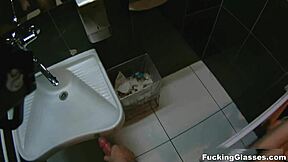 fucking glasses teen in public restroom with orgasm and blowjob!