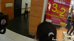 fucking glasses teen in public restroom with orgasm and blowjob!