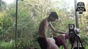 Blonde enjoys a live session in the park with spanking