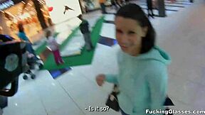 fucking glasses teen in public restroom with orgasm and blowjob!