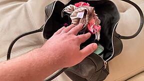 Stepsister jerks my cock with her panties - cum on tits - russian amateur with talk