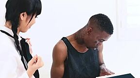 Asian Teen in Uniform Deepthroats Big Black Cock Hardcore