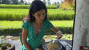 cumwalk in public cafe, eating pasta with sperm on face