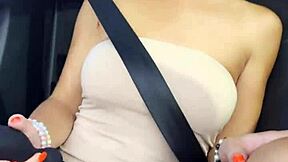 amateur milf sitting on a co driver place and making naughty content on a public road