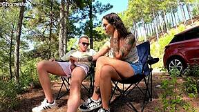 a student exploring her first blowjob outdoors with a big cock close up