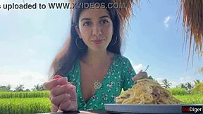 cumwalk in public cafe, eating pasta with sperm on face