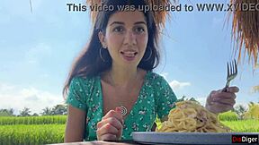 cumwalk in public cafe, eating pasta with sperm on face