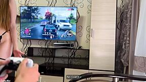 Young wife says, Husband, watch me in this lingerie parody, with close up on panties.