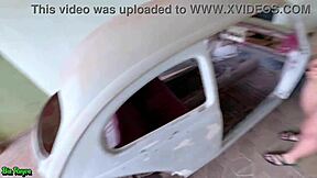 young 18+ redhead fucks in fusca car while cuckold watches blowjob