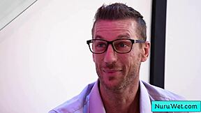 busty skinny blonde masseuse pours nuru gel on naked body and rubs client ryan mclane emma rosie