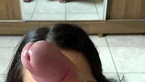 Nerdy brunette gives deep blowjob to Wellington Prado's monster cock from behind in jeans shorts 😍