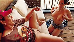 Two redneck lesbians with small waists and big tits engage in cunilingus, one young and one mature in shorts.