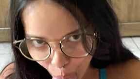 Nerdy brunette gives deep blowjob to Wellington Prado's monster cock from behind in jeans shorts 😍