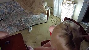 two beautiful girls take turns sucking my hairy dick in pov