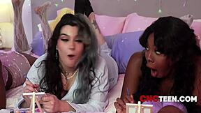 Free use slumber party where step sis and friends get exploited with toys for innocent fantasies.