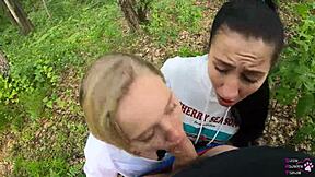 outdoor amateur threesome blowjob... oops, swallowed it!