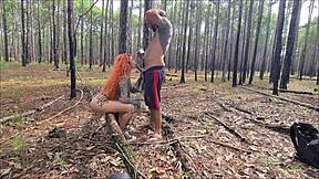 redhead hottie exhibits on trail, leading to outdoor sex