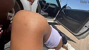 A petite ebony woman decides to cheat on her white boyfriend during an outdoor encounter with a tattooed black man.