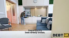 Petite brunette in STOCKINGS gets BANGED bilingually.