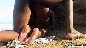 Beach vacation blowbang with black lover sucking tits