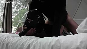 Petite milf throated by dildo while rough fucked