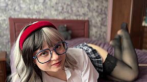 Naughty college girl in ASMR cosplay session.