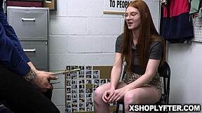 redhead jane rogers flirts out of shoplifting with stud guard billy boston using her cute charm. Her innocent look hides a slutty blowjob skill!