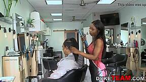 Hairdresser licks petite teen's pussy in public salon