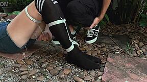 Beauty Gets Bound And Tickled Outdoors.