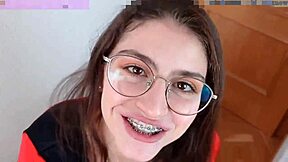 dirty talking teen begs for cum on braces during blowjob