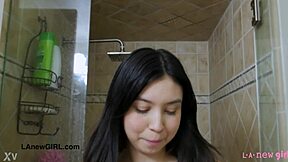 asian teen model enjoys sensual bath with milf mommy on sofa