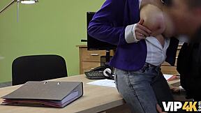 Is this unemployed young woman getting dirty at the loan agency for cash?