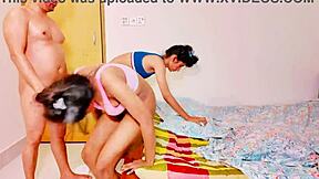 Watch this amazing hot threesome with skinny teen and milf