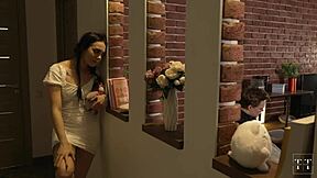 my stepdaughter peeps and sucks my huge cock. she moans while getting wet.