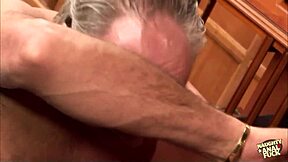 this blonde milf with big tits bent over in stockings, learning to enjoy anal sex from an old guy in doggystyle