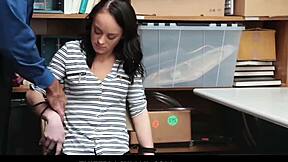 cute tiny teen kylie martin seduces security officer at the shop.