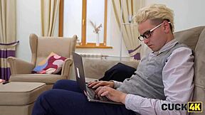 little russian slut roughly fucked on couch in front of husband, feeling intense emotions.