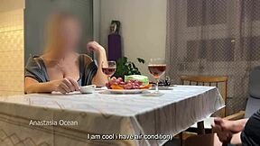 Husband masturbates hidden under desk while talking to stepmom