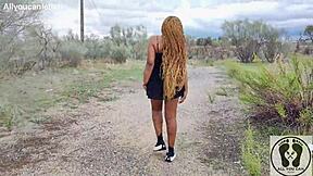 Ebony with big ass walks upskirt in sneakers.