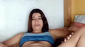 selene spreads cream on her petite body, fingering her pussy slowly