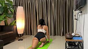 yoga slut gets fucked mid-stretch with close up riding and blowjob action