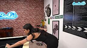 petite asian teen 18+ plays pool with friends on the table