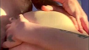 A strong guy passionately cums inside a petite girl's tight pussy in close up view