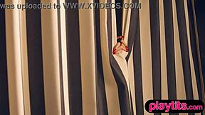 By the pool, this big ass petite milf reveals her juicy round tits solo.