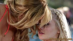 Busty stepmom QUEENS lesbian teen OUTDOORS in a classy setting.