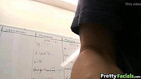 Teen blonde and latina ranie mae get two facials in a casual homemade scene.