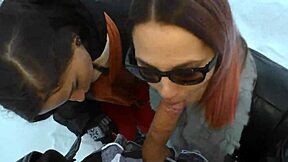 two hot girls warm a cock with blowjobs in the snow outdoors