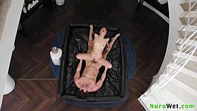 Lovely teen masseuse xxlayna marie covered in nuru gel gets pussy pounded on mattress.