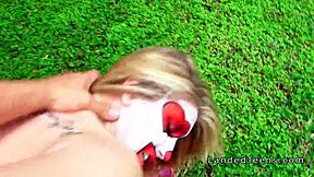 Teen in clown costume gets banged outdoors for cumshot!